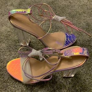 STRAPPY SNAKE SKIN CLEAR BLOCK HEEL